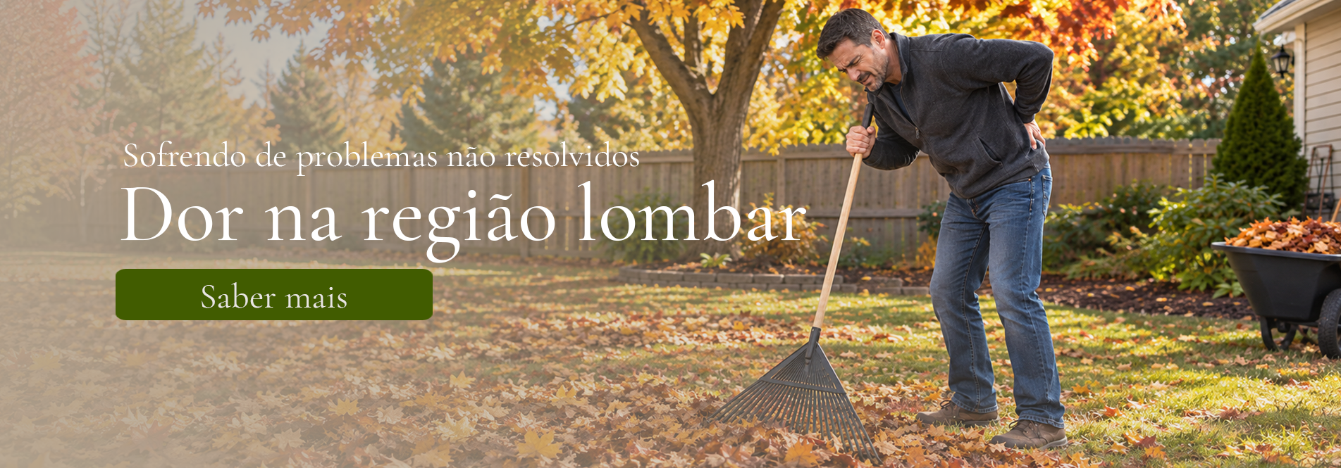 Um homem sofrendo de dor nas costas enquanto junta folhas de outono com um ancinho. Um homem sofrendo de dor nas costas enquanto junta folhas de outono com um ancinho.